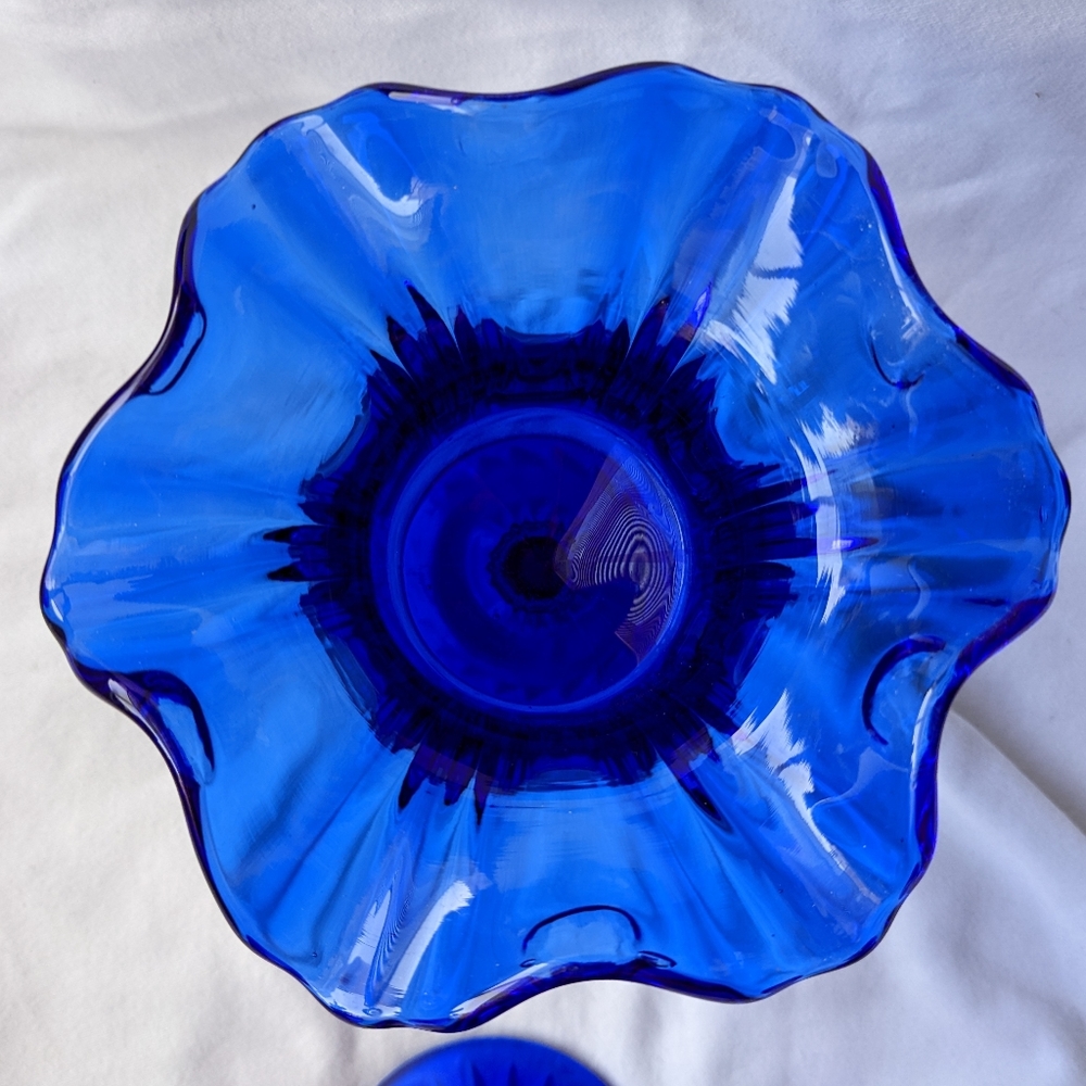 Vintage Fenton Vulcan Cobalt Blue Handmade Crimped Rim Compote Candy Dish - 2 - Picture 11 of 16